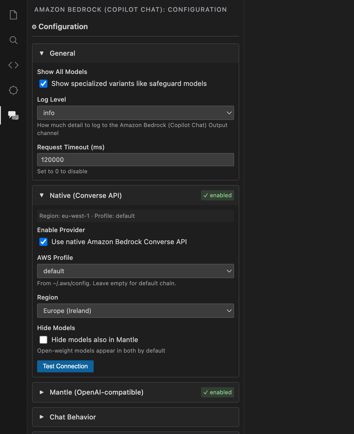 The Amazon Bedrock (Copilot Chat) configuration drawer