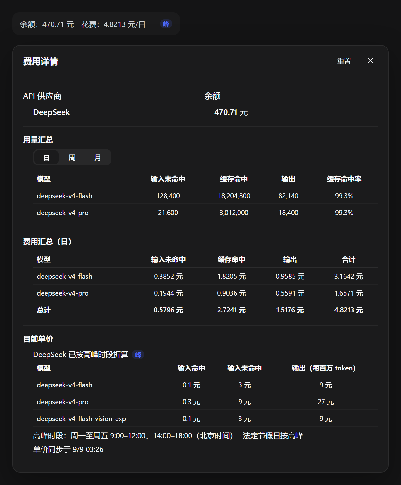 余额与花费:用量、费用汇总与实时单价
