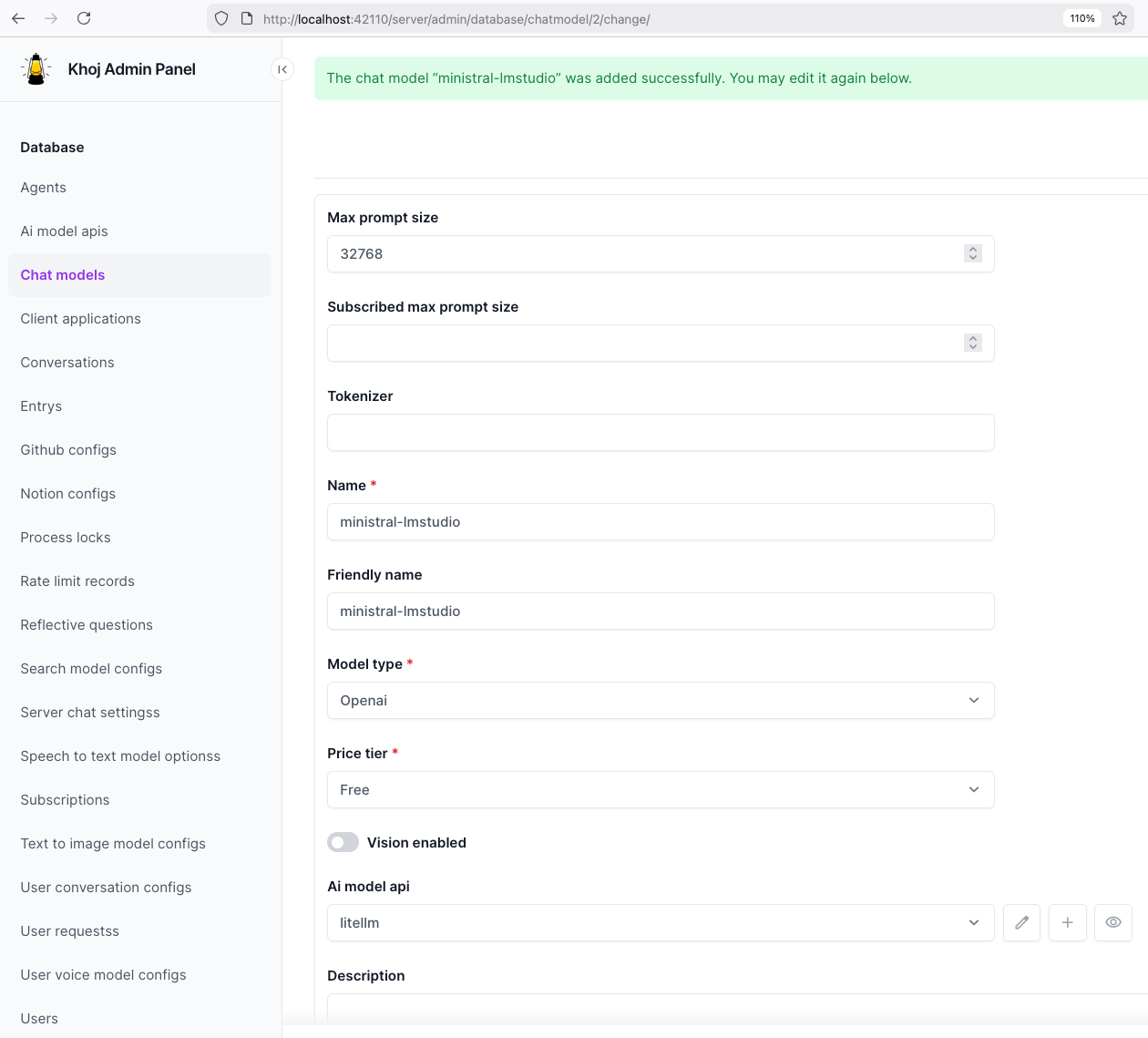 Khoj Lite LLM model setup
