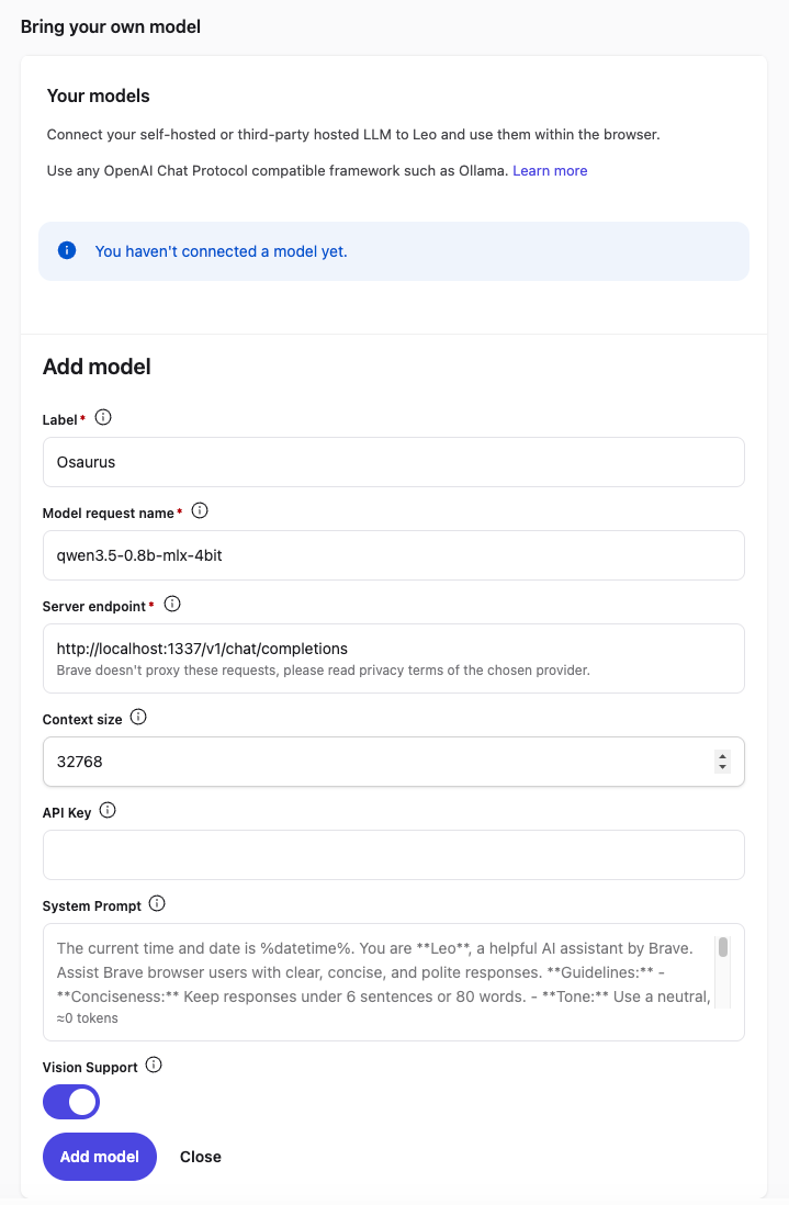 brave leo settings osaurus