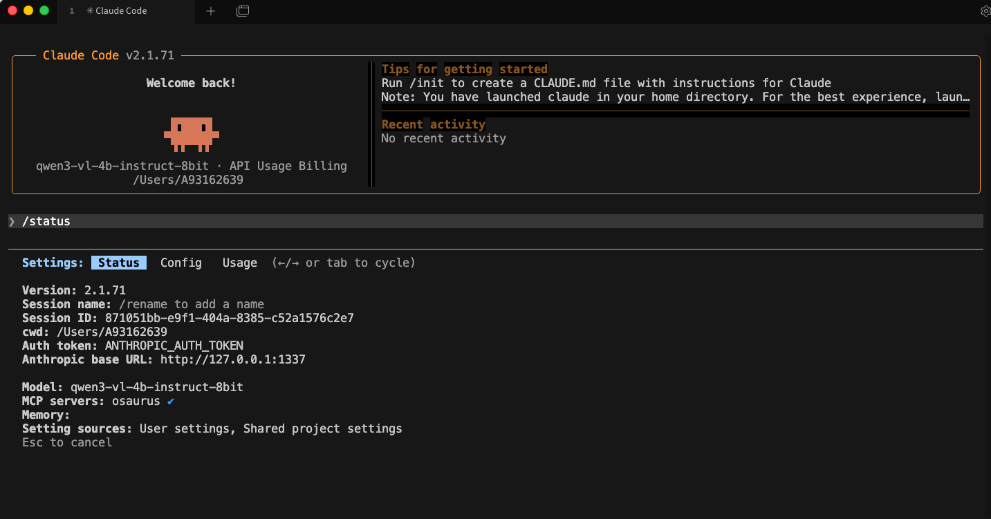 claude code status with osaurus mcp