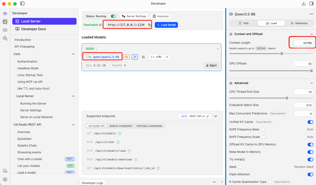 LM Studio Local Server tab