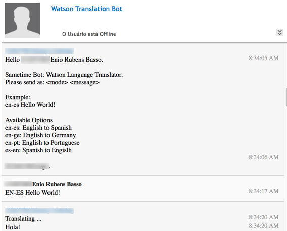 Screen capture of Watson Language Translator Bot