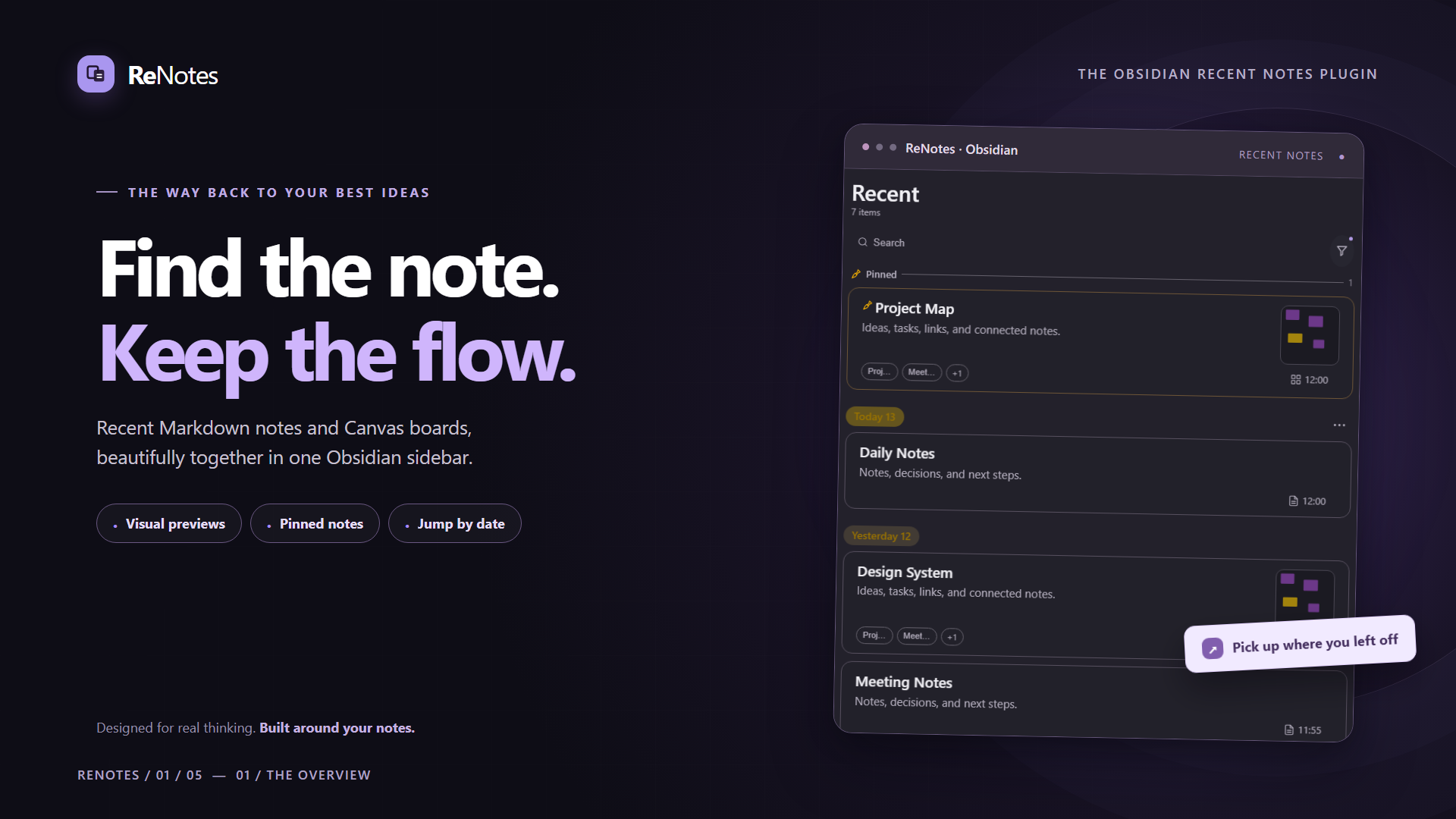 ReNotes recent Markdown notes and Canvas boards in a visual Obsidian sidebar