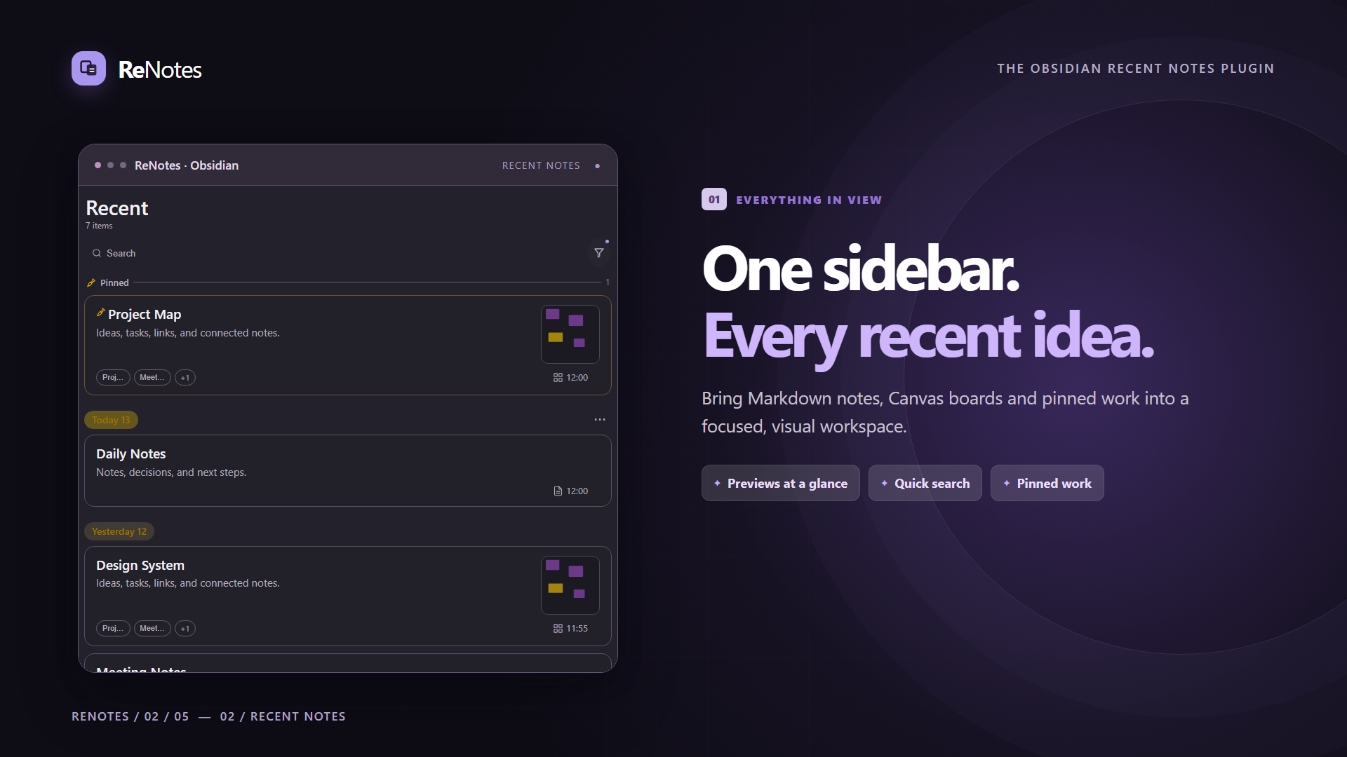 ReNotes recent-notes sidebar for Obsidian with Markdown and Canvas cards, pinned previews and search