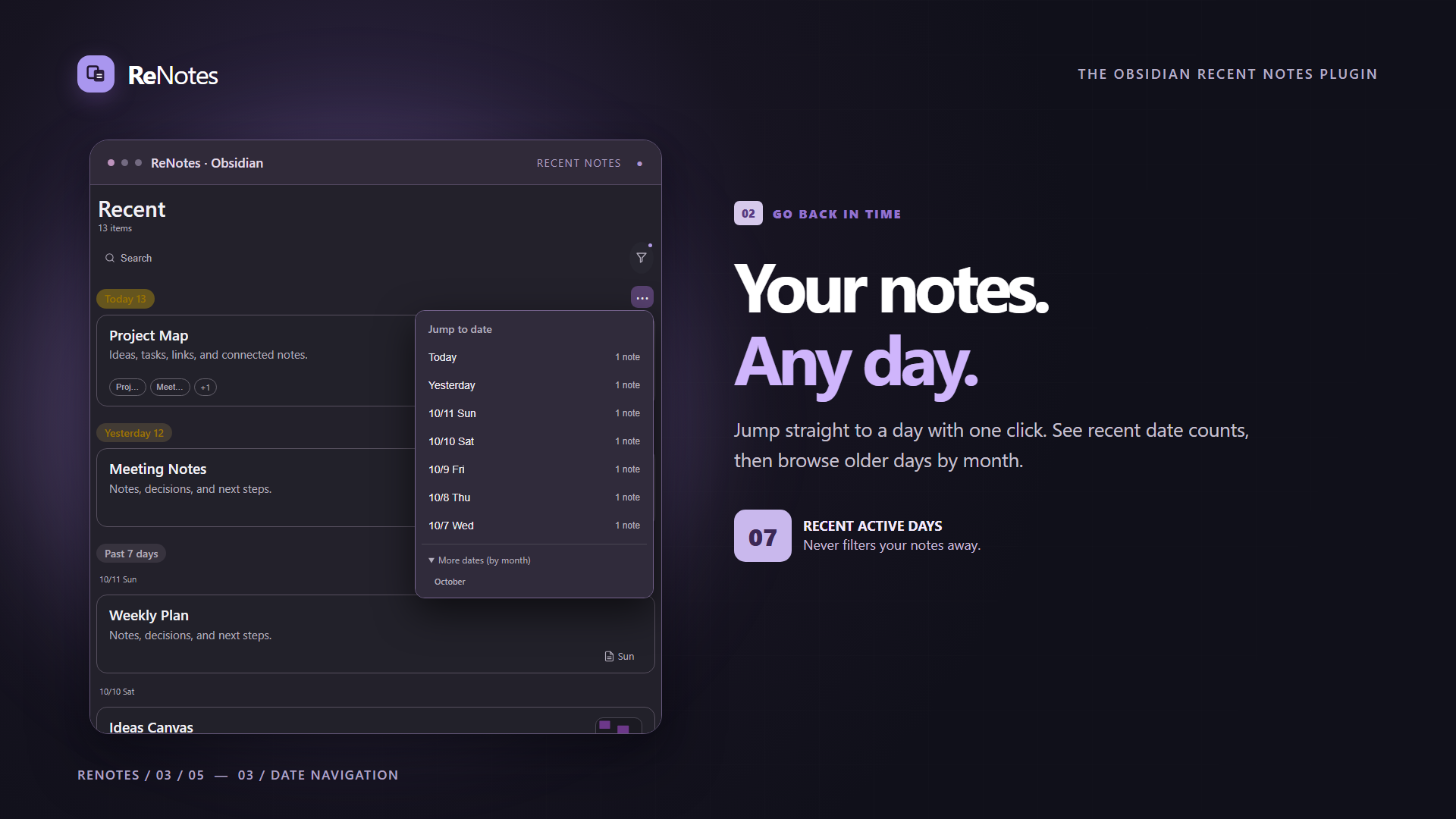 ReNotes date navigation popover with seven recent active days, daily counts and monthly browsing