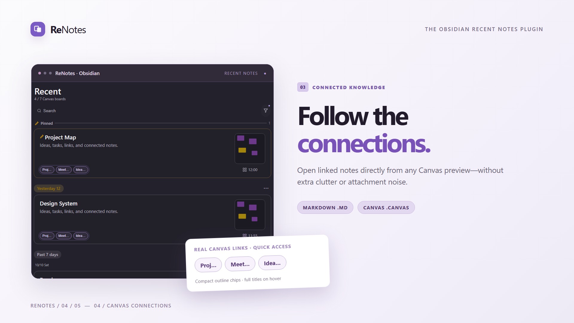 ReNotes linked Markdown and Canvas documents with rounded outline chips and thumbnail-aligned times