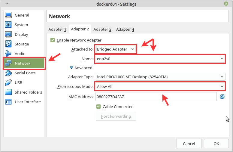 Virtualbox Network Settings for macvlan and gateway