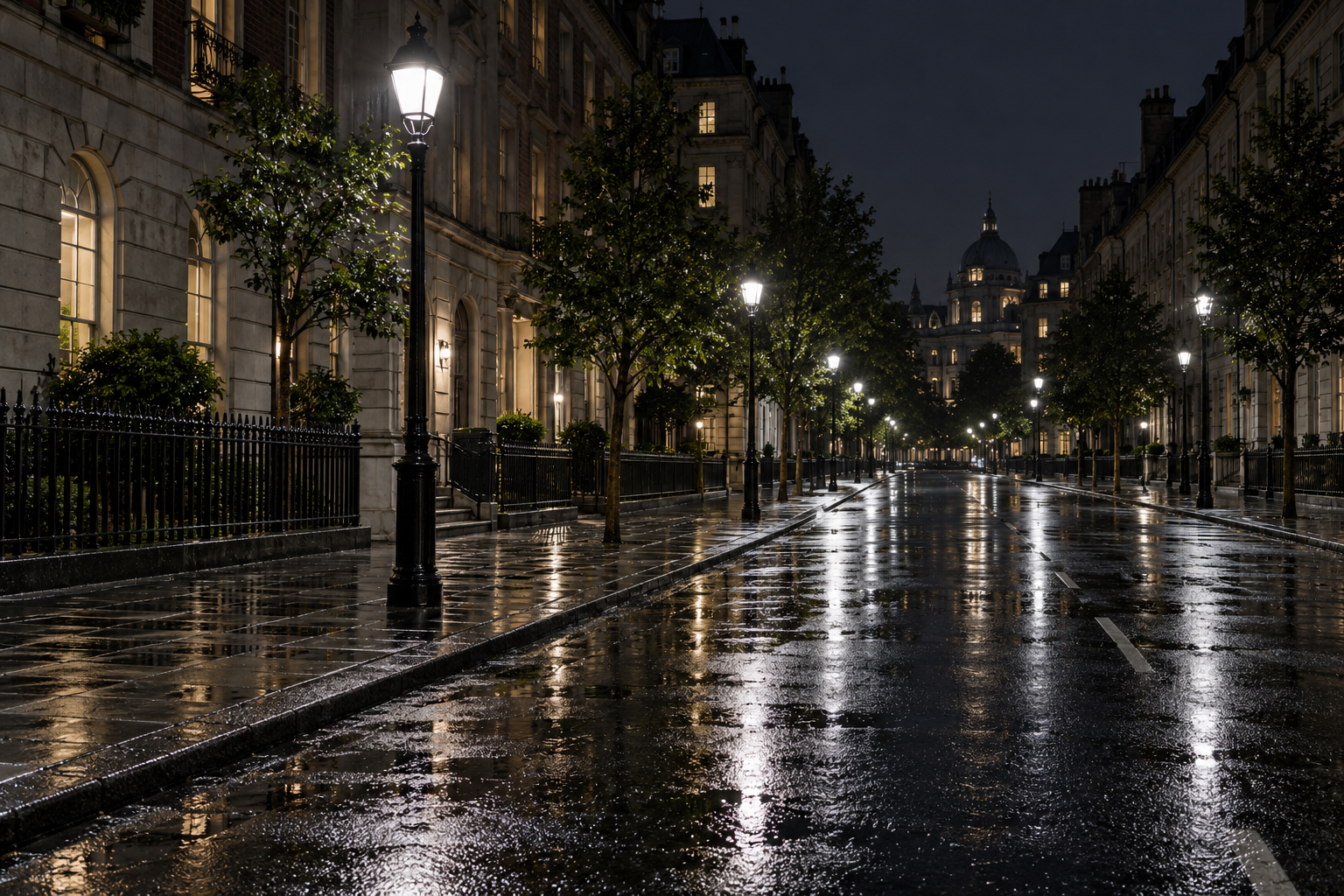 White streetlights reflected on wet pavement