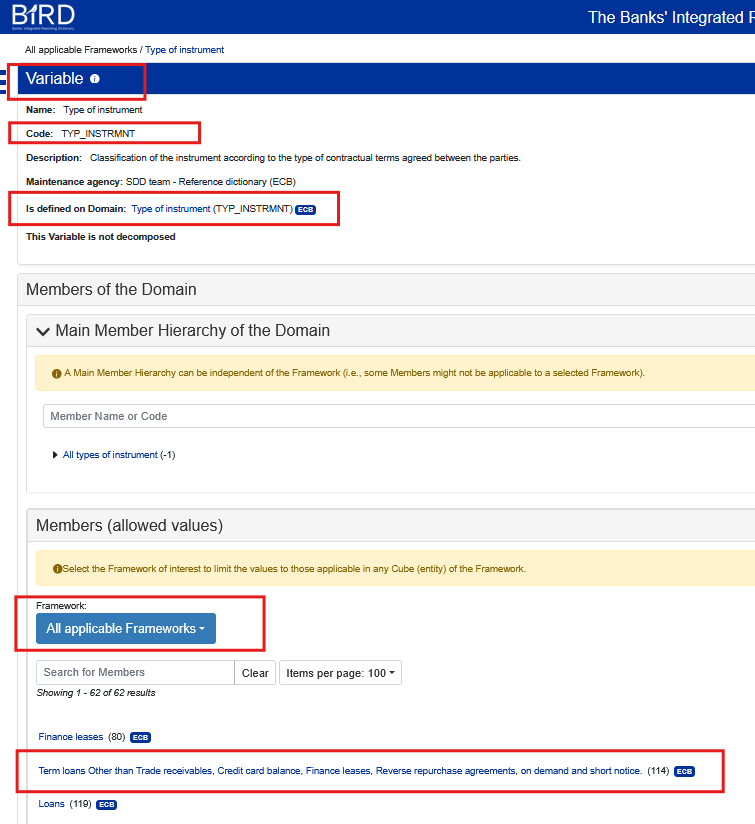 Reference variable, domain, and members for TYP_INSTRMNT in the SDD dictionary.
