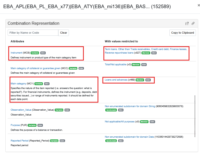 Non-reference combination metadata for the highlighted datapoint.