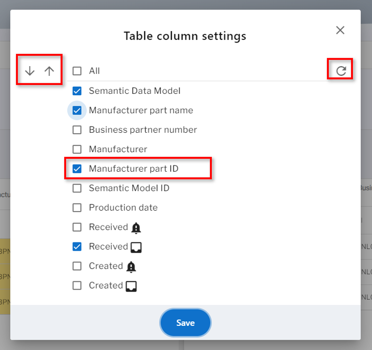 other parts table settings dialog