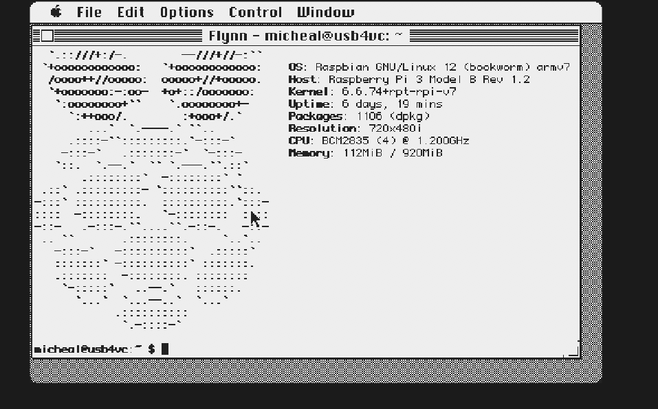 Flynn telnet session with neofetch
