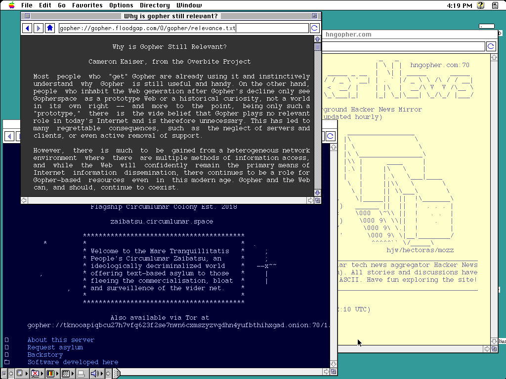 Geomys on System 7 with 256-color theme and multi-window