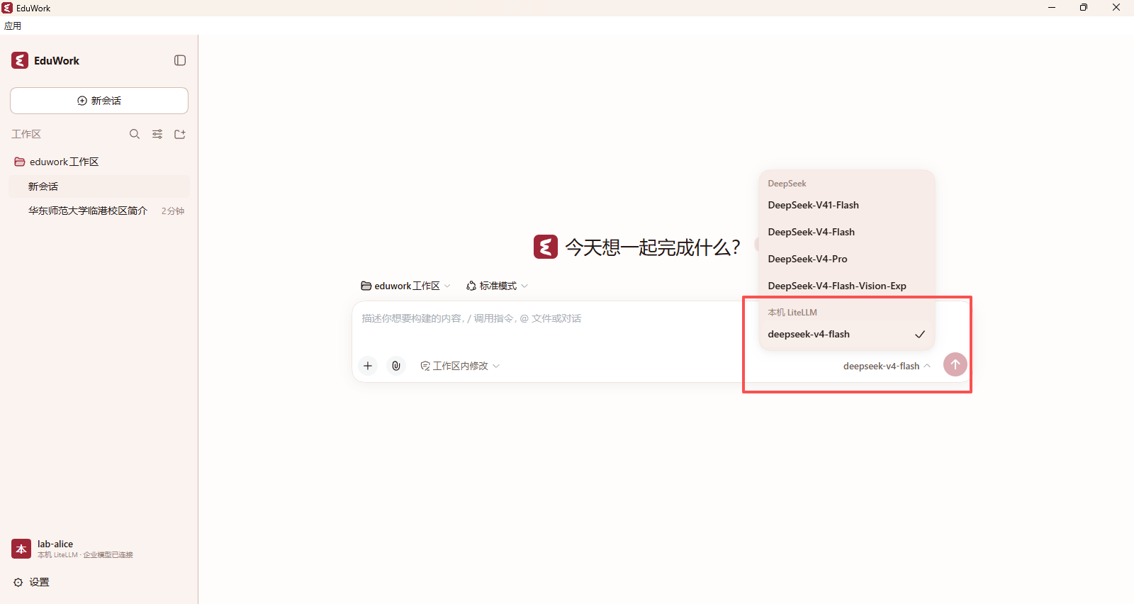 LiteLLM 登录后,模型菜单在「本机 LiteLLM」分组中显示获授权的 deepseek-v4-flash