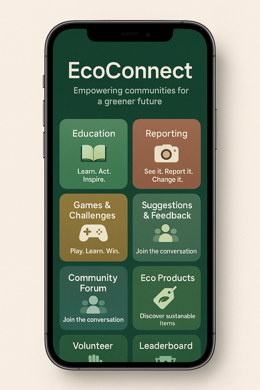 EcoConnect mobile app interface with education, reporting and challenges