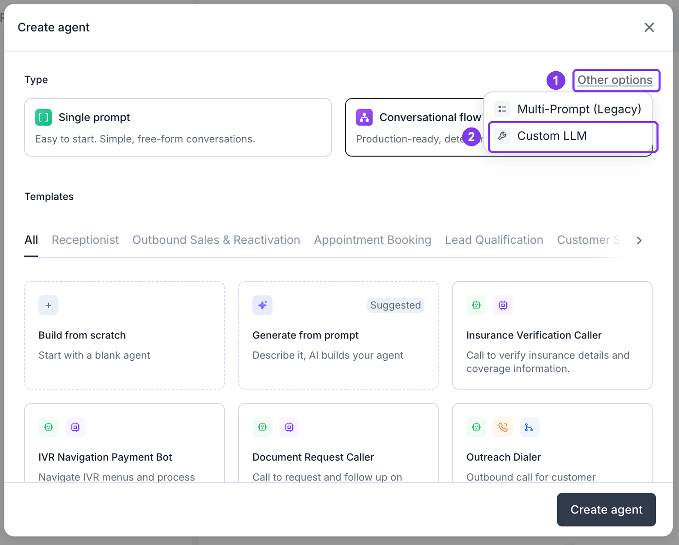 Retell create agent dialog: Custom LLM under Other options