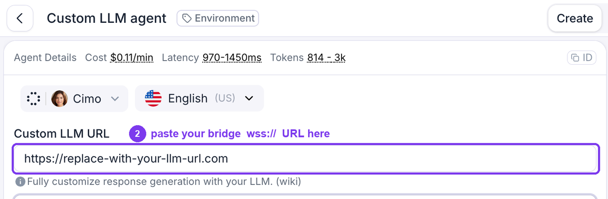 Retell Custom LLM agent with the bridge URL filled in