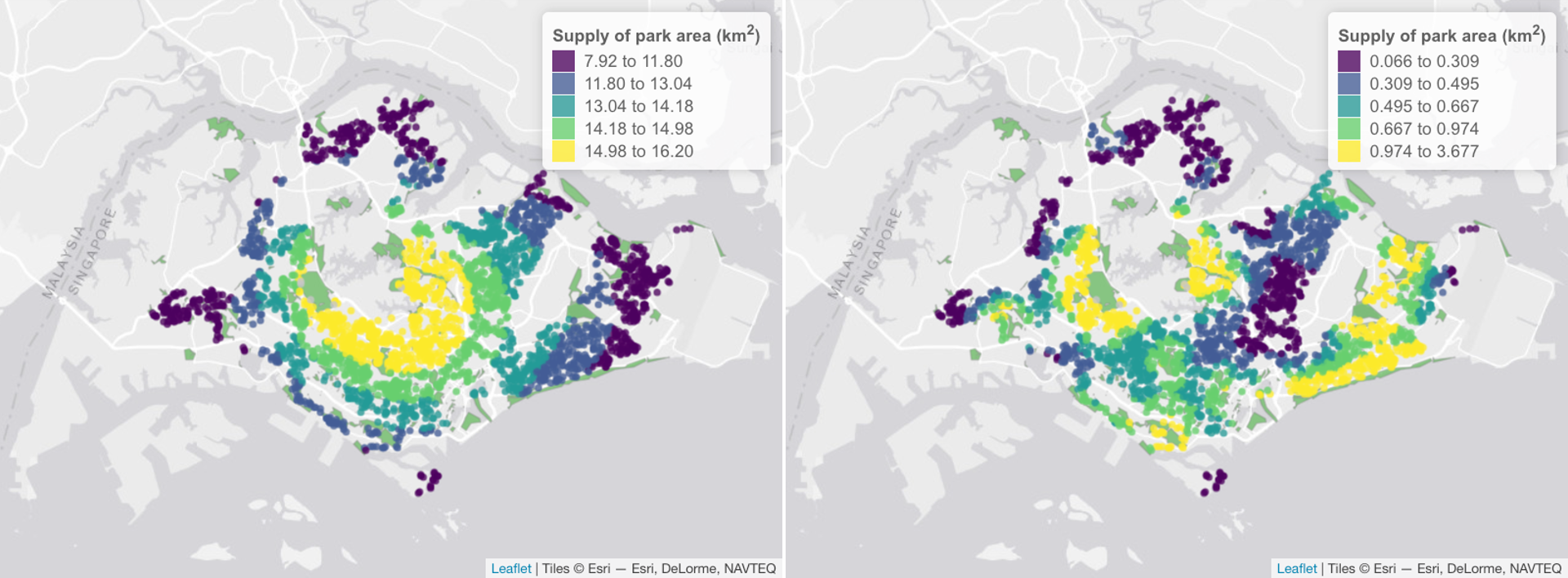 Screenshot: Examples showing the supply of OSM park area to residential buildings in Singapore for the year 2020 when the value of Coefficient c is 0.1 (left panel) and 1 (right panel). Each building is denoted as a pount (a random subset is shown). The color palette for the buildings (points) is binned according to quantile values.