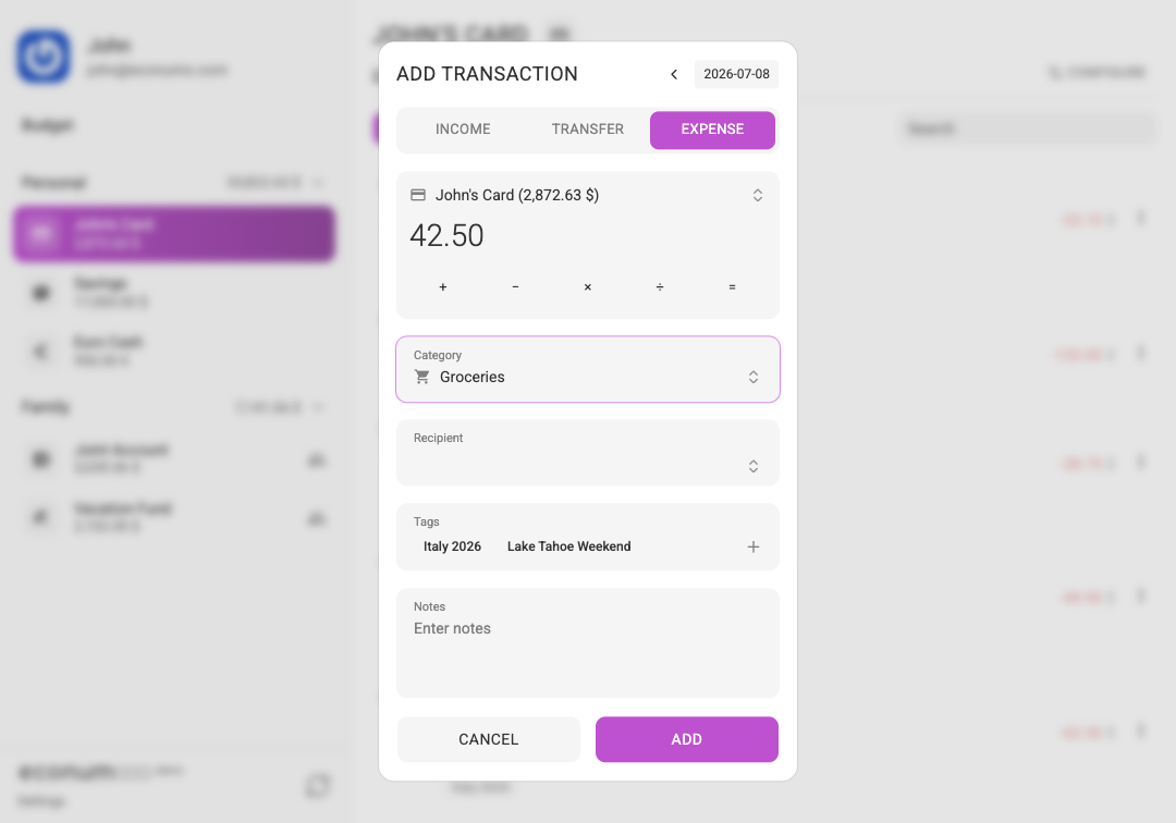 Add-transaction dialog with built-in calculator and tags