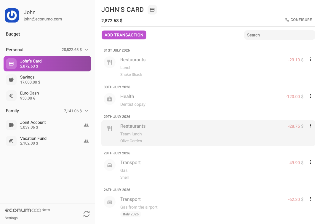 Transaction list of an account