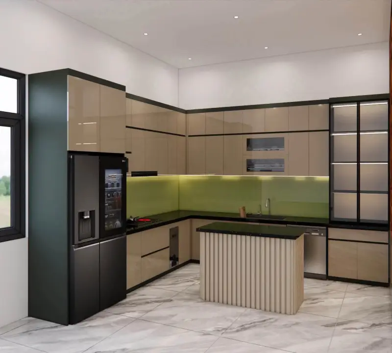 Tủ bếp nhựa Ecoplast cao cấp chữ L màu cappuccino kết hợp bàn đảo quầy bar nan sóng và tủ rượu cánh kính đèn LED tại căn hộ Duplex Amber Riverside Minh Khai