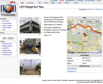 Abb. 1: TUGeowiki: Integration von Kartenmaterial über die GoogleMaps API. Quelle: Safran und Zaka, 2008