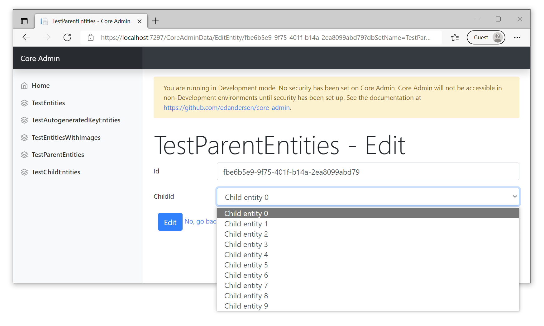 Screenshot of core admin