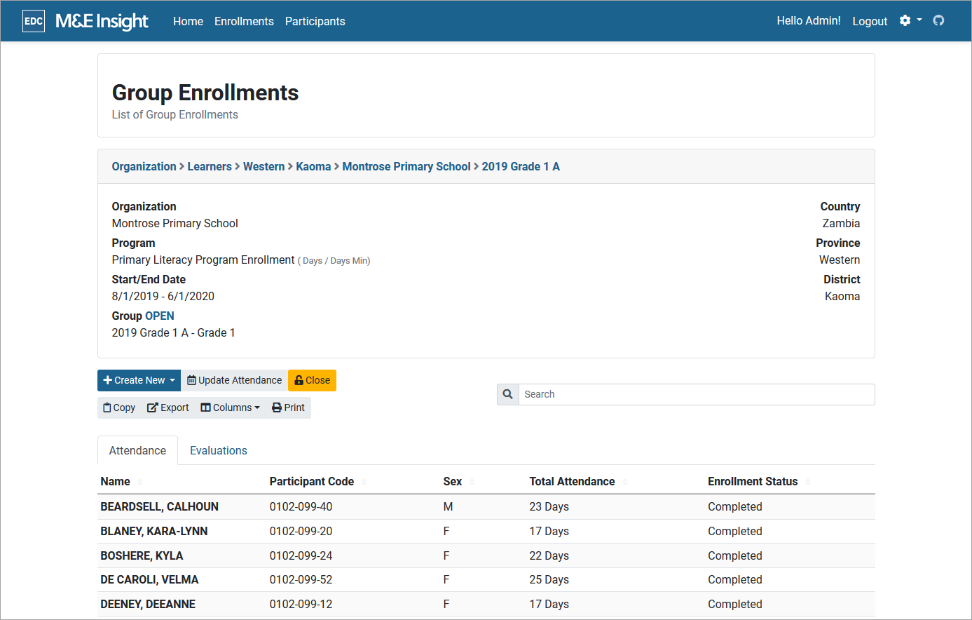 M&E Insight application screenshot