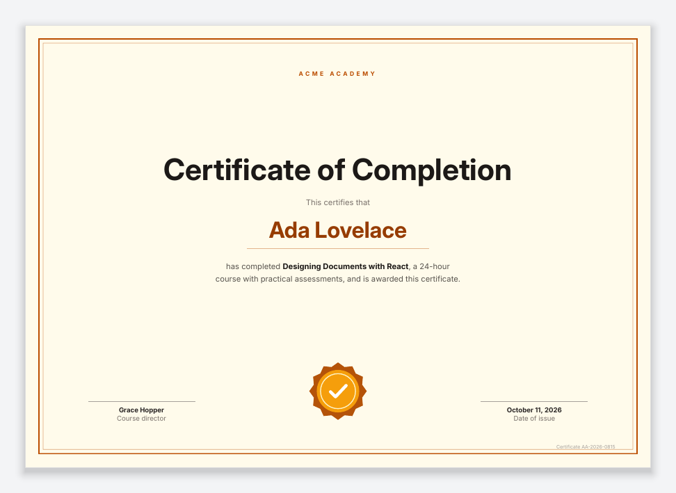 Landscape certificate PDF: a double border, Certificate of Completion, the recipient name, two signature lines and a gold seal.