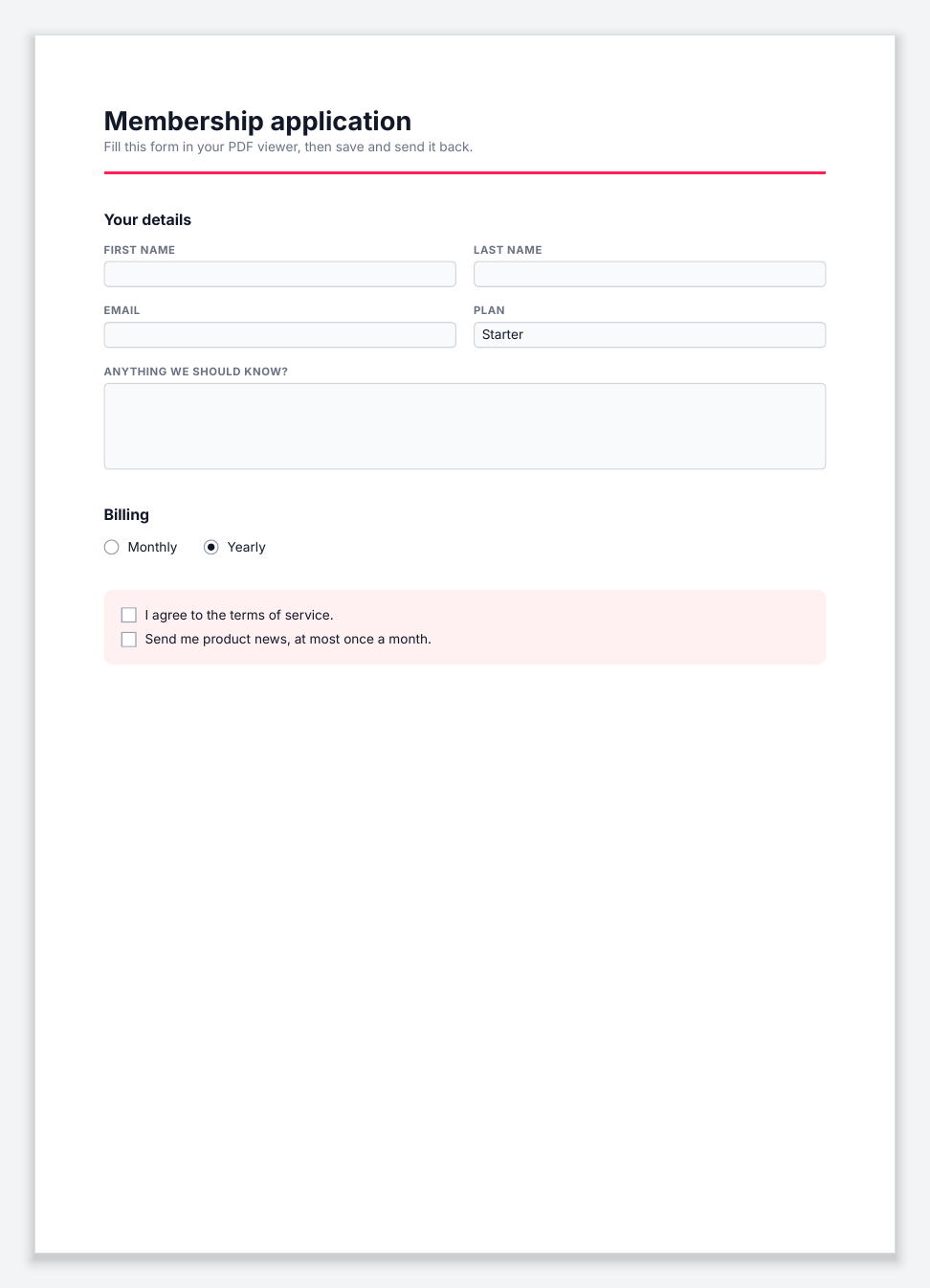 Membership application PDF with text fields, a plan select, two radio buttons and two consent checkboxes.