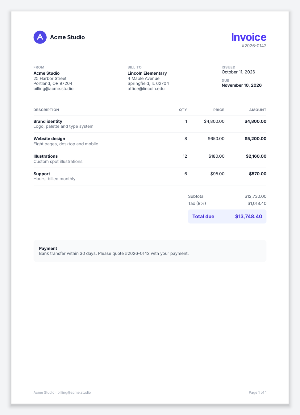 Invoice PDF: logo, sender and client addresses, a four-row line-item table, subtotal, tax and a highlighted total due.