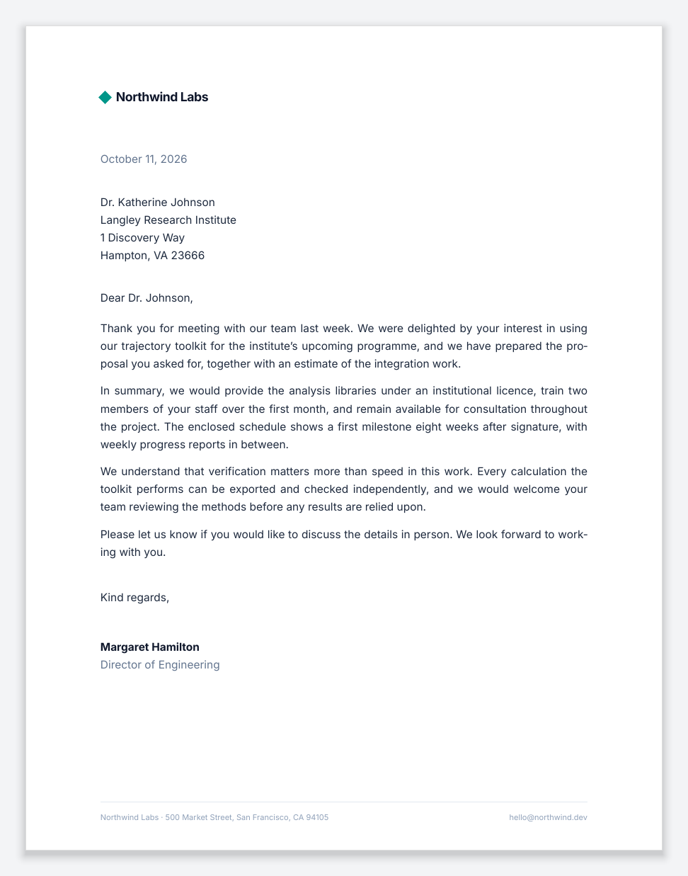 Business letter PDF: a letterhead, the date and address block, four justified paragraphs and a signature.