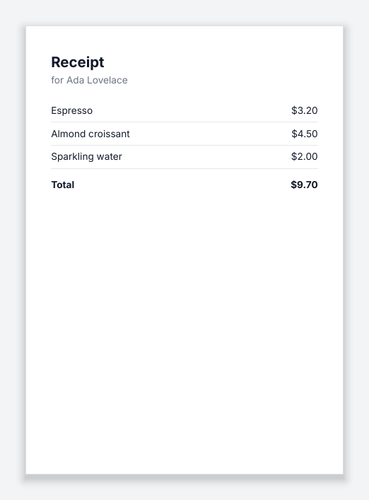 The resulting receipt.pdf: an A6 page with 'Receipt for Ada Lovelace', three items with prices and a bold total of $9.70.