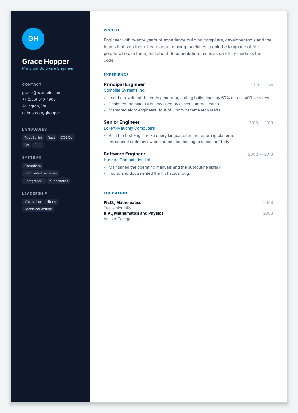 Résumé PDF: a dark sidebar with initials, contact details and skill tags, and a main column with profile, experience and education.