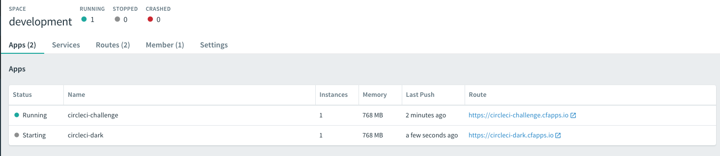 CloudFoundry panel showing blue and green version on unique routes