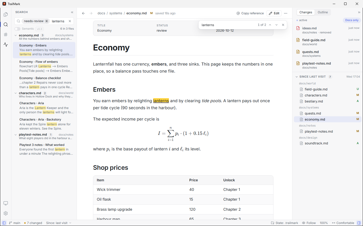Section search with a tag filter: "lanterns" in the files tagged needs-review, each file with its description, and the match highlighted in the open document