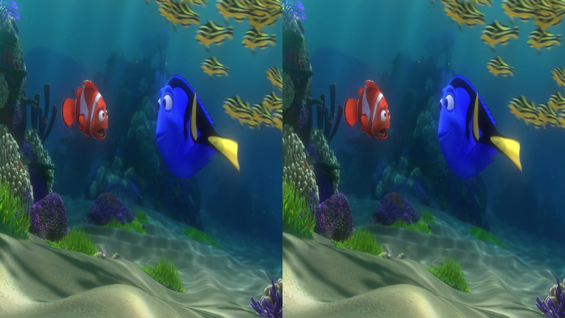 Screenshot from the movie Finding Nemo. Two fish are swimming in the ocean.