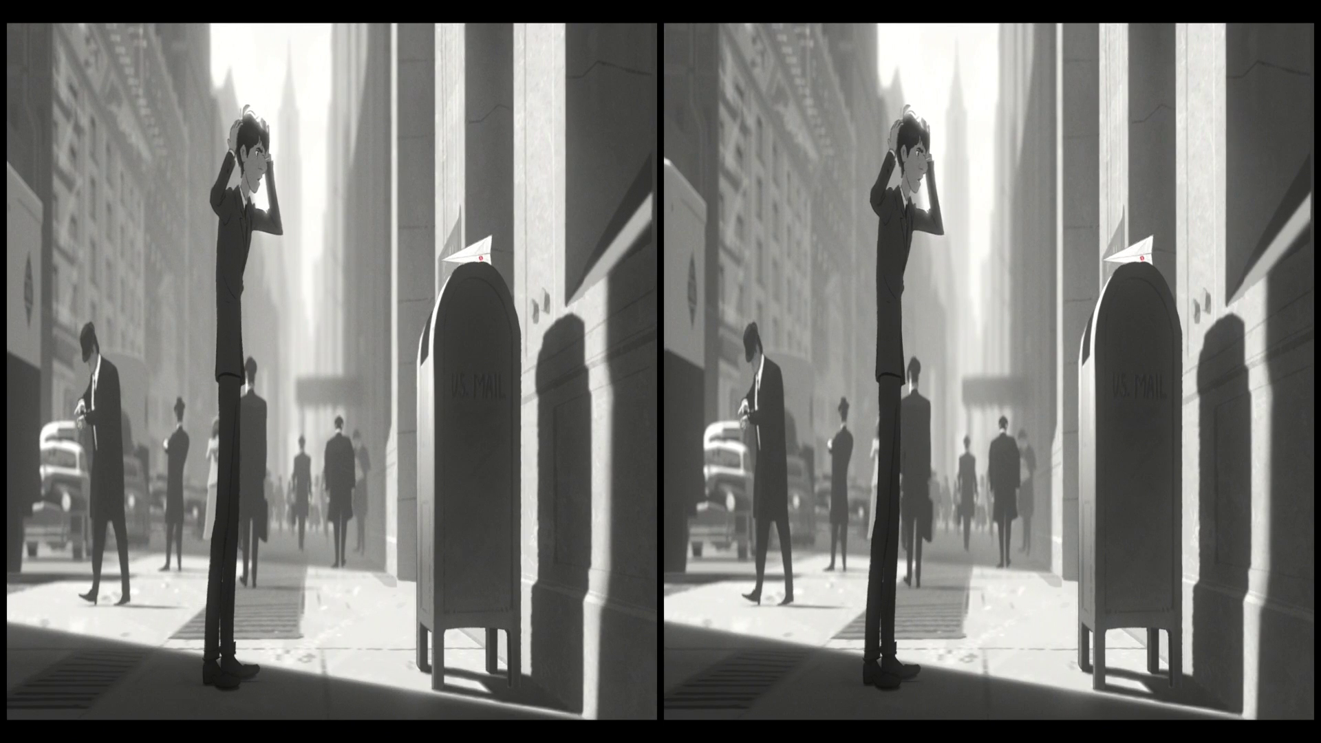 Screenshot from the short film Paperman. A man stands in front of a post box.