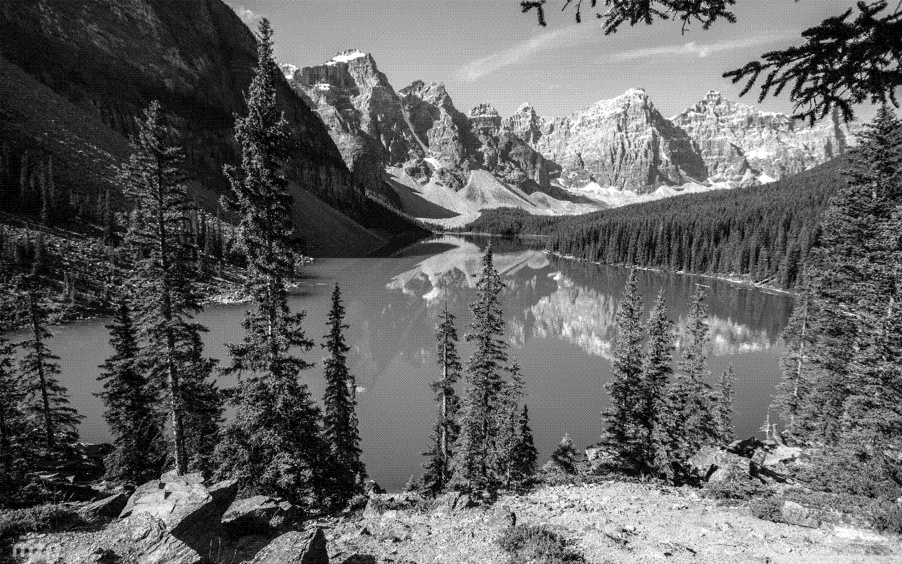 A black and white dithered picture of Moraine Lake
