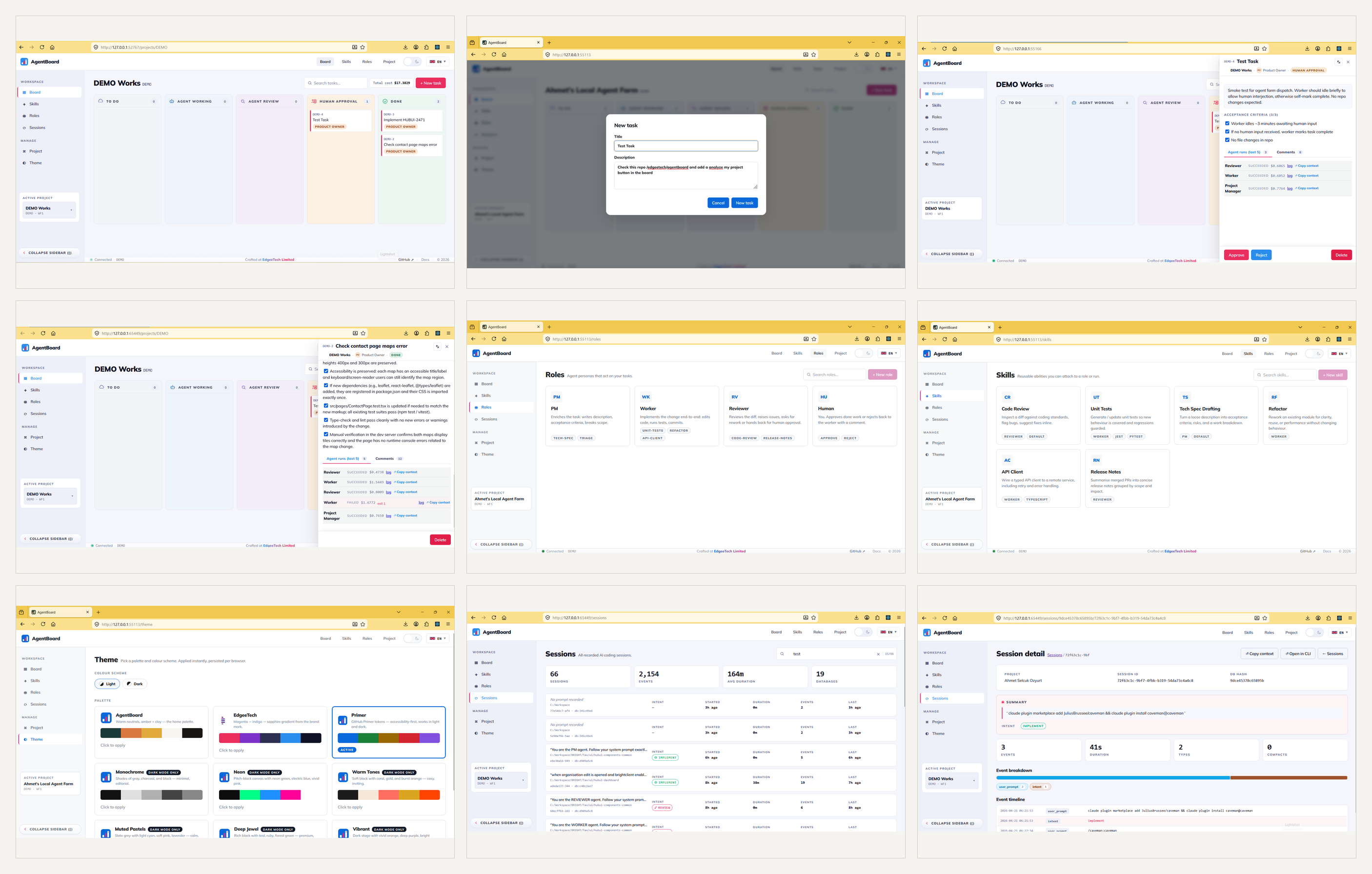 Product tour: board, tasks, runs, comments, roles, skills, themes, sessions