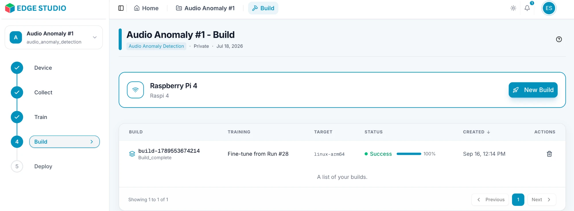 The Build page with the New Build button and the list of builds