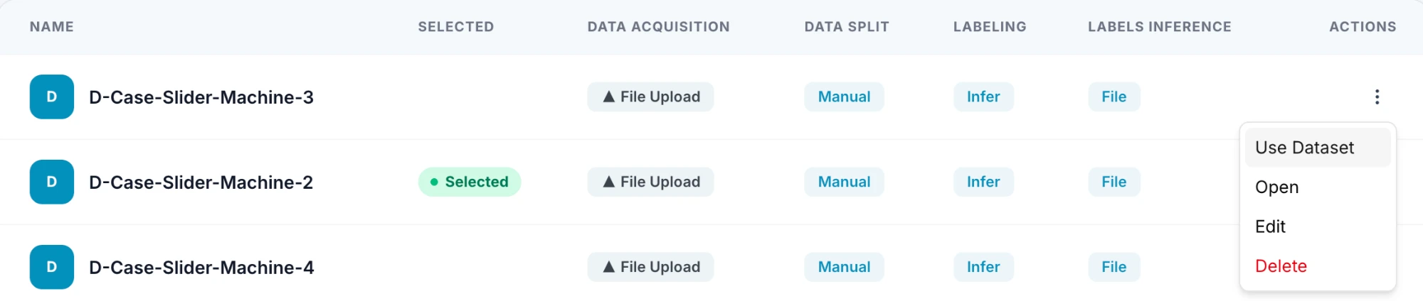 The dataset list with the Actions menu open