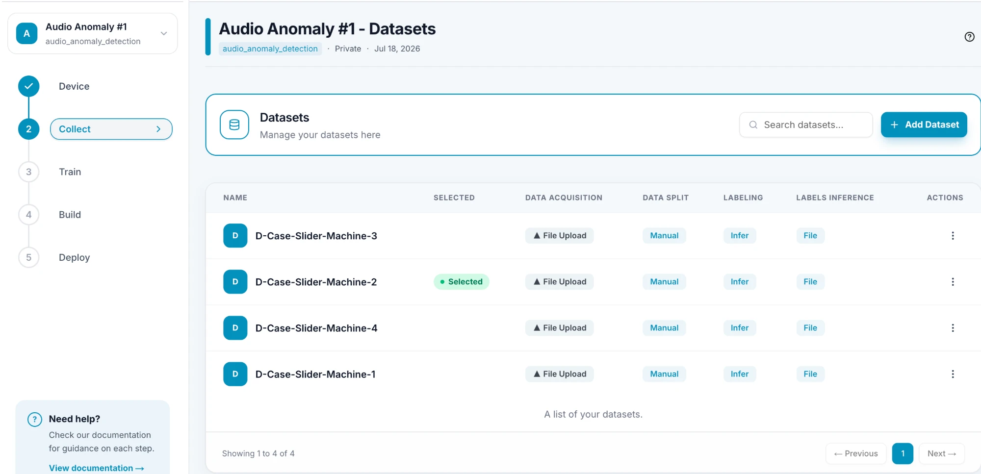 The Datasets page with the Add Dataset button