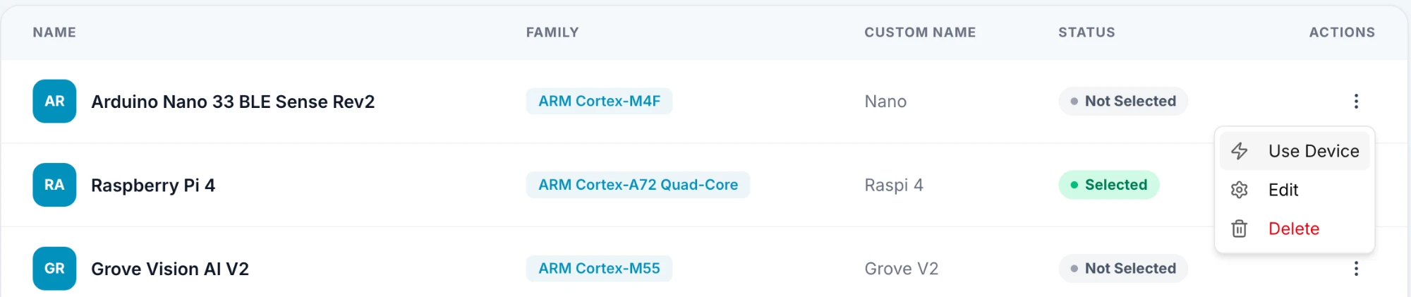 The device list with the Actions menu open