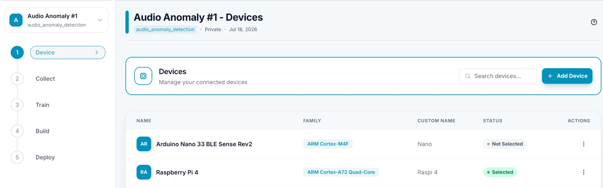 The Devices page with the Add Device button