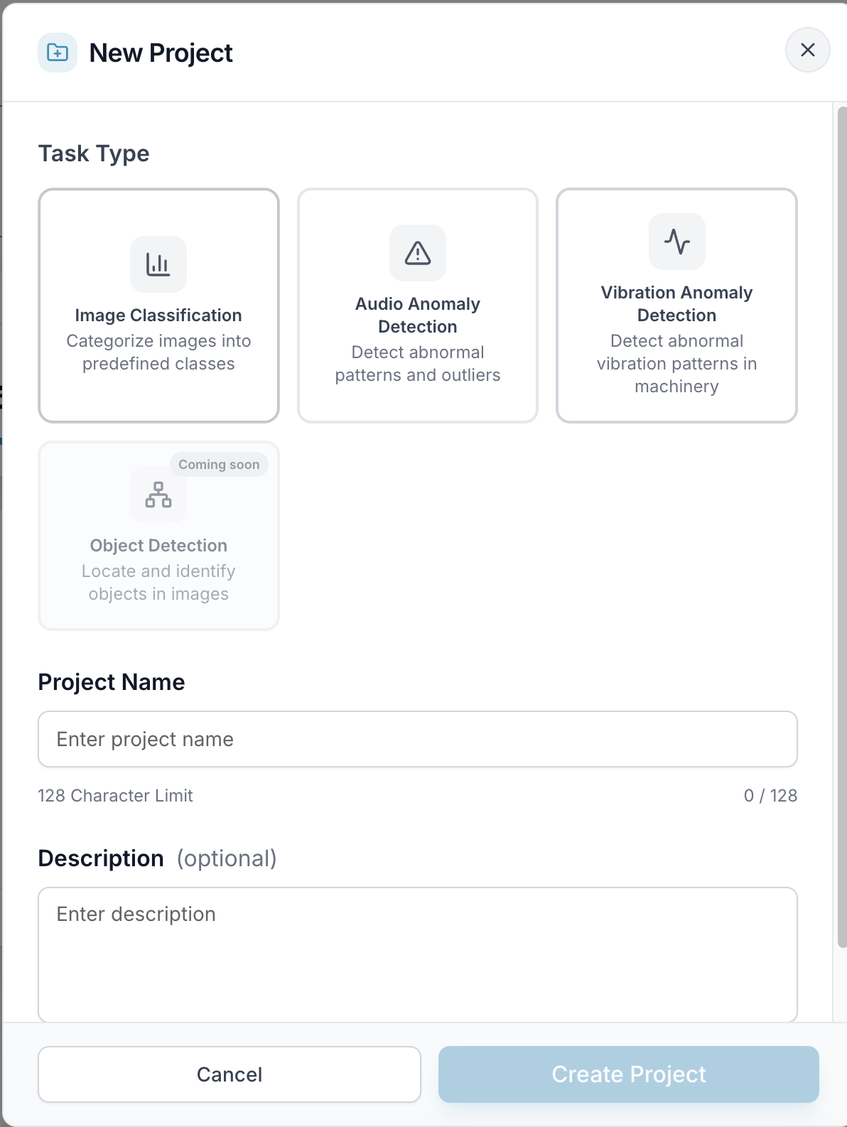 The New Project dialog with task type, project name, and description