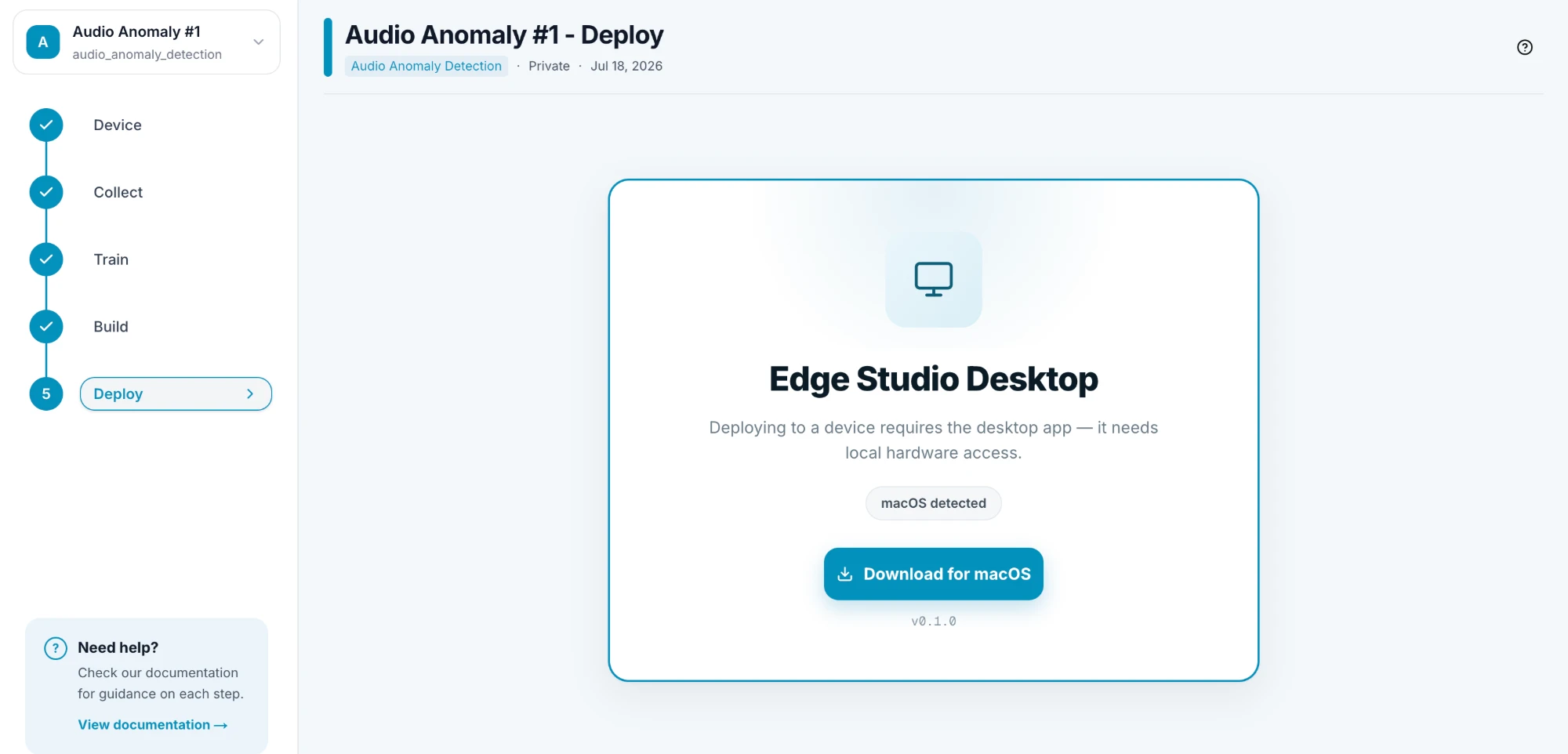 The Deploy page with the Edge Studio Desktop download