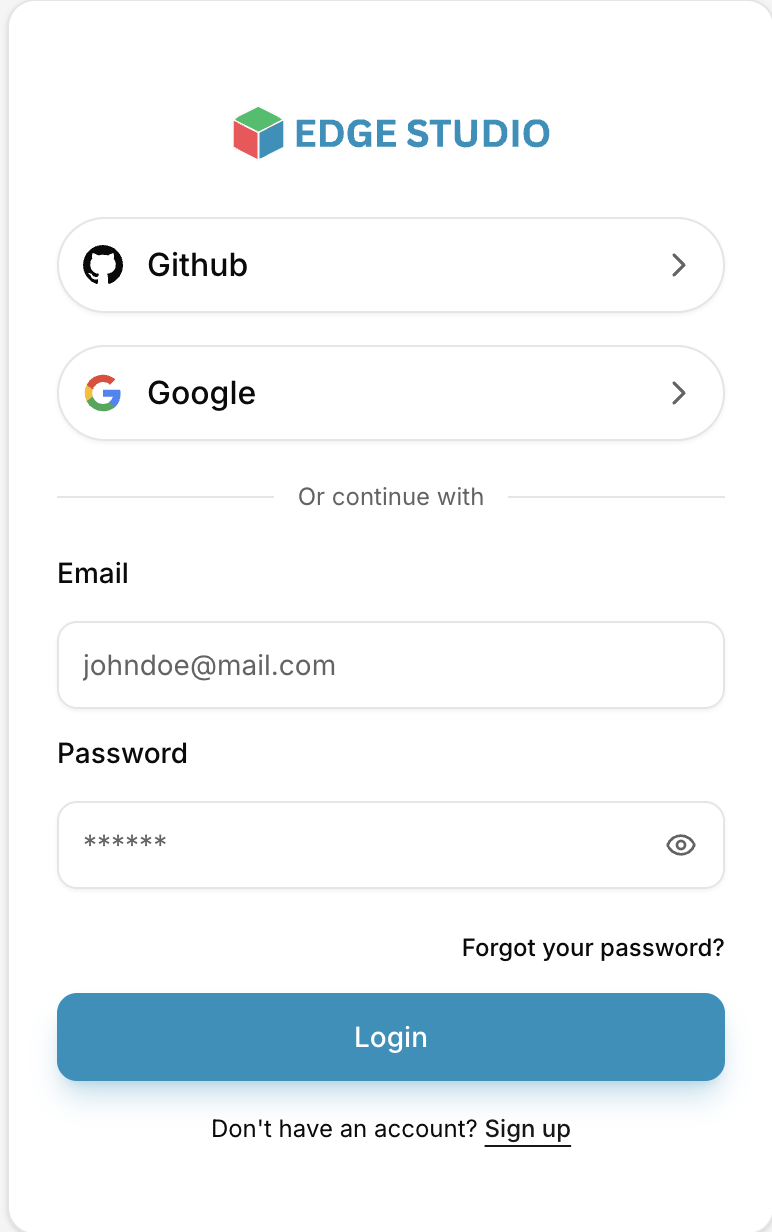 EdgeStudio login page with Github, Google, and email sign-in options