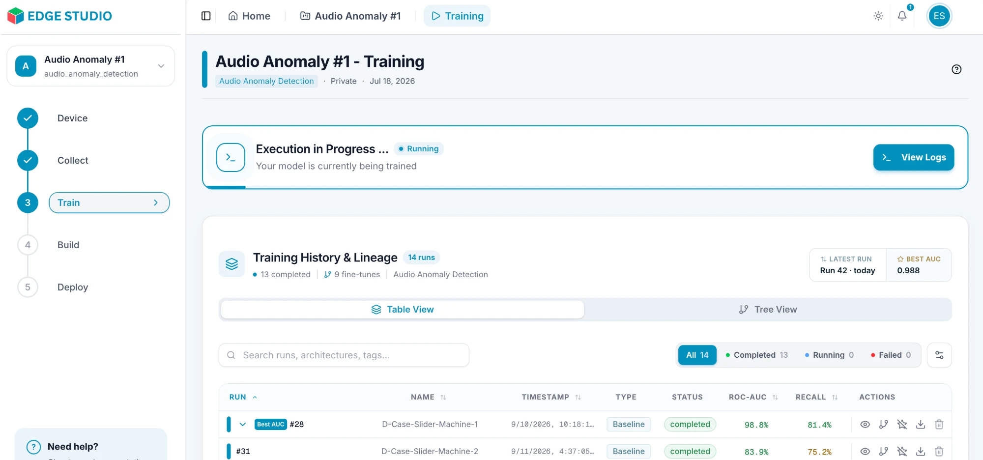 The Training page while a run is in progress